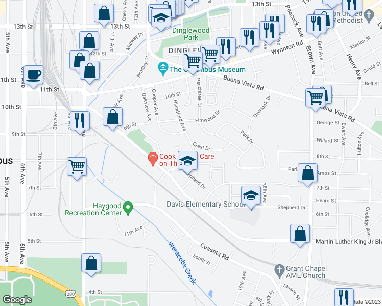 map of restaurants, bars, coffee shops, grocery stores, and more near 805 Blandford Avenue in Columbus
