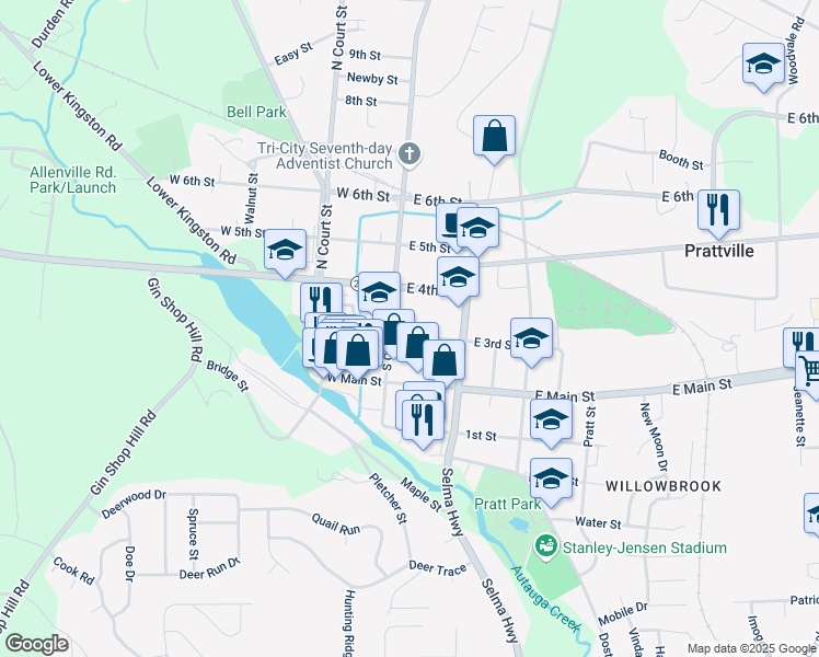 map of restaurants, bars, coffee shops, grocery stores, and more near 119 East 3rd Street in Prattville