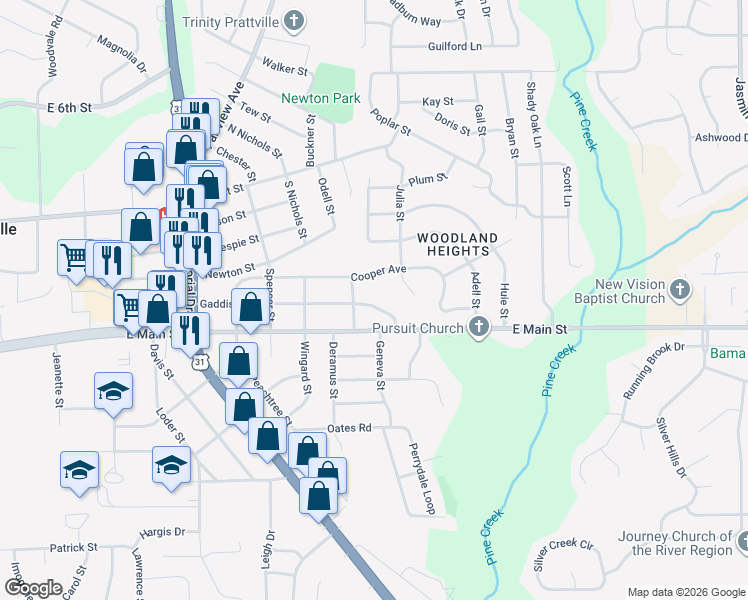 map of restaurants, bars, coffee shops, grocery stores, and more near 1115 Mary Drive in Prattville