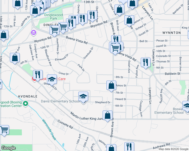 map of restaurants, bars, coffee shops, grocery stores, and more near 1873 Park Drive in Columbus