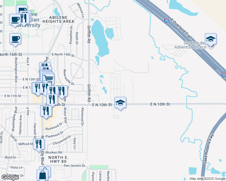 map of restaurants, bars, coffee shops, grocery stores, and more near 1129 Pinot Drive in Abilene