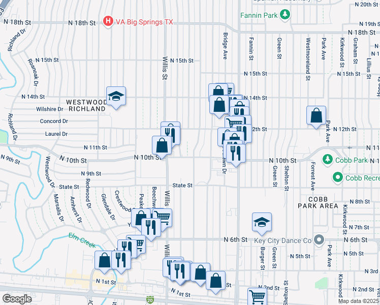 map of restaurants, bars, coffee shops, grocery stores, and more near 1010 Westview Drive in Abilene