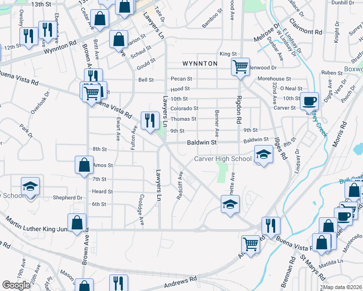 map of restaurants, bars, coffee shops, grocery stores, and more near 2704 Baldwin Street in Columbus