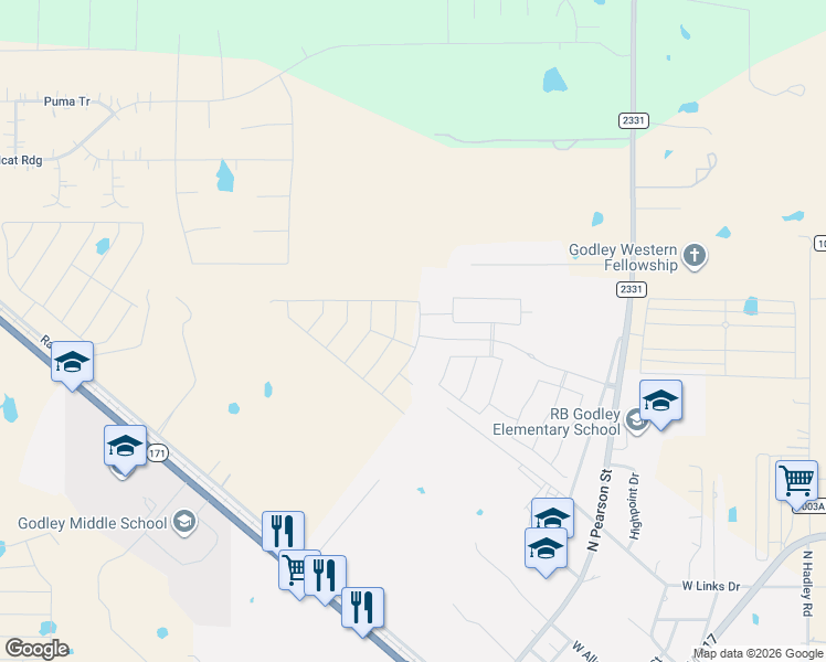 map of restaurants, bars, coffee shops, grocery stores, and more near 1205 Meadow Vista Way in Godley