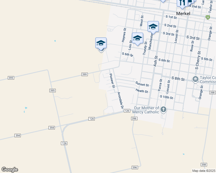 map of restaurants, bars, coffee shops, grocery stores, and more near 5 Carson Circle in Merkel