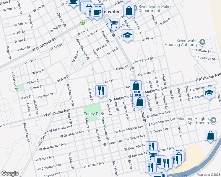 map of restaurants, bars, coffee shops, grocery stores, and more near 710 Bell Street in Sweetwater