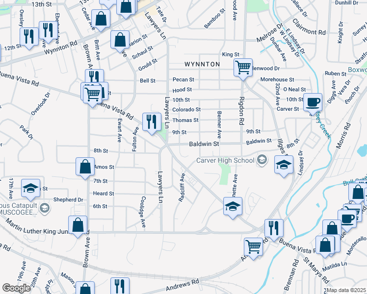 map of restaurants, bars, coffee shops, grocery stores, and more near 2704 Baldwin Street in Columbus