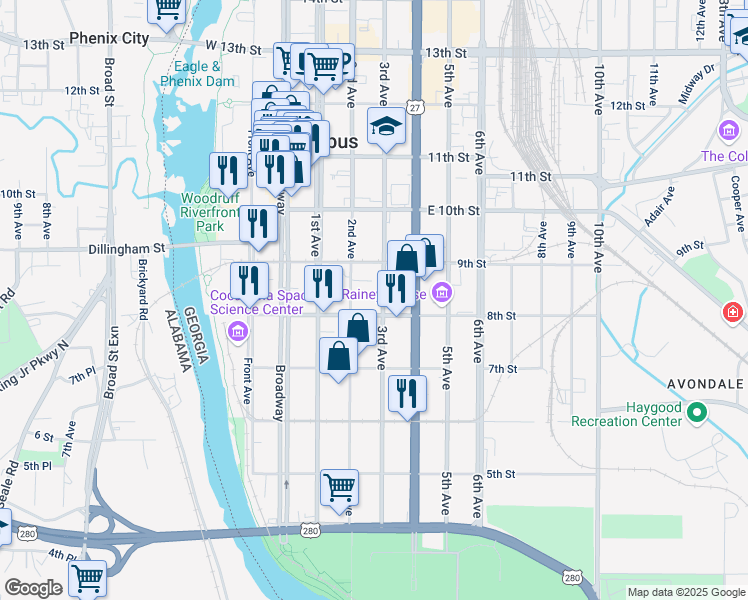 map of restaurants, bars, coffee shops, grocery stores, and more near 812 2nd Avenue in Columbus