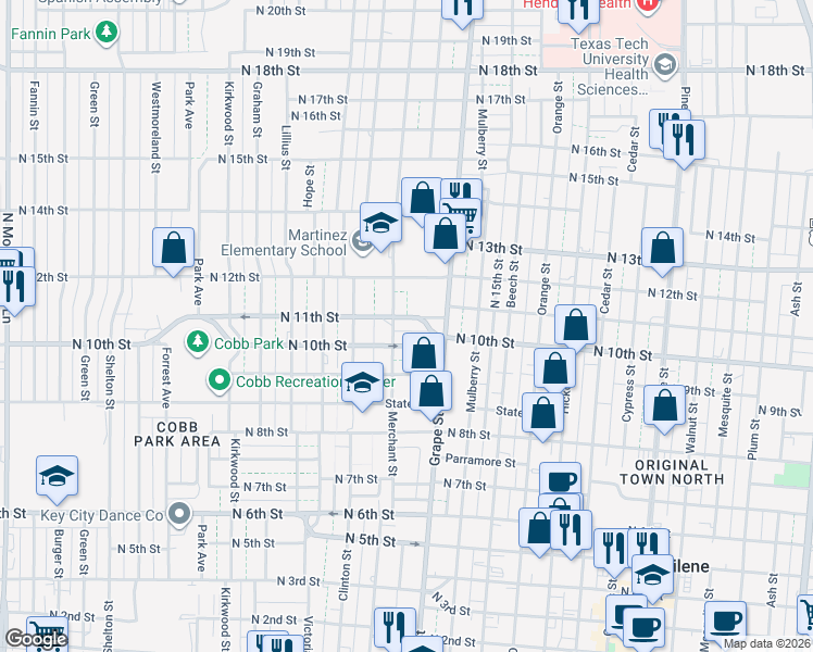 map of restaurants, bars, coffee shops, grocery stores, and more near 1041 Merchant Street in Abilene