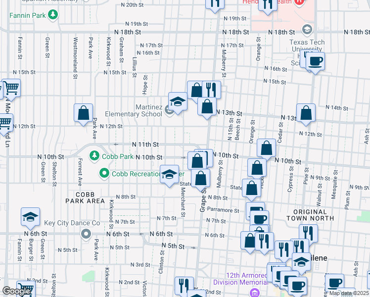 map of restaurants, bars, coffee shops, grocery stores, and more near 1041 Merchant Street in Abilene