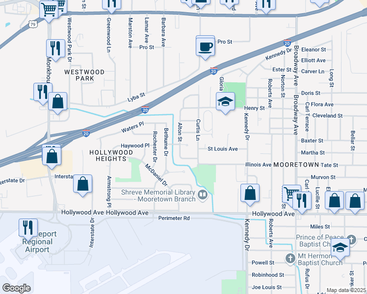 map of restaurants, bars, coffee shops, grocery stores, and more near 4379 Haywood Place in Shreveport