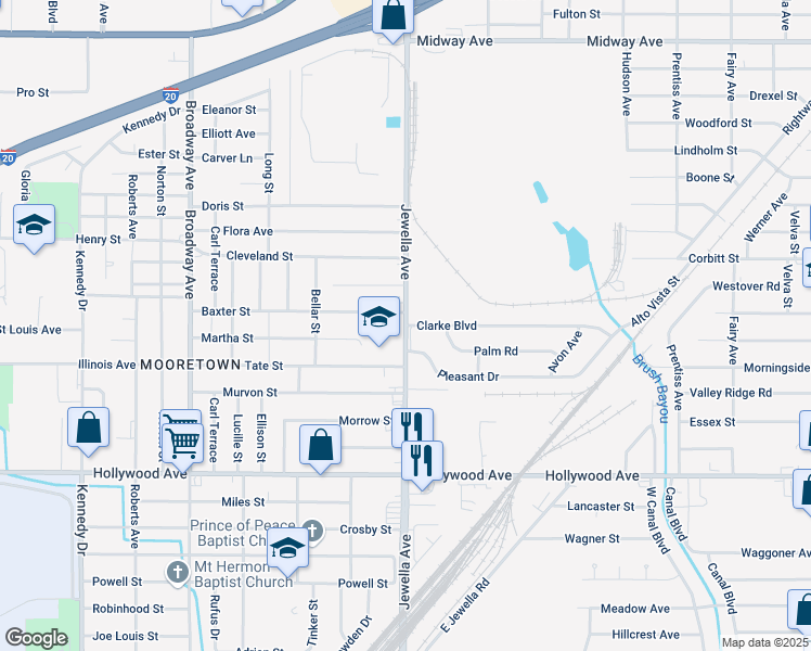 map of restaurants, bars, coffee shops, grocery stores, and more near Jewella Ave & Clarke Blvd in Shreveport