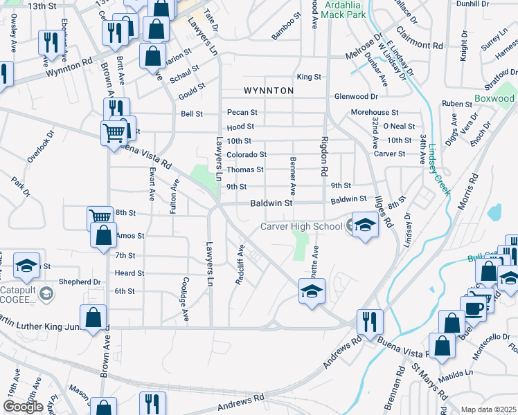 map of restaurants, bars, coffee shops, grocery stores, and more near 2734 Baldwin Street in Columbus