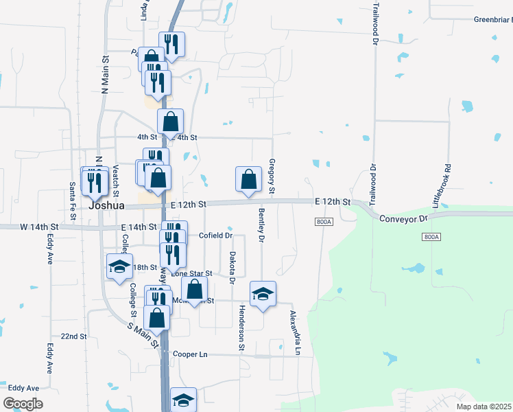 map of restaurants, bars, coffee shops, grocery stores, and more near 100 Bentley Dr in Joshua