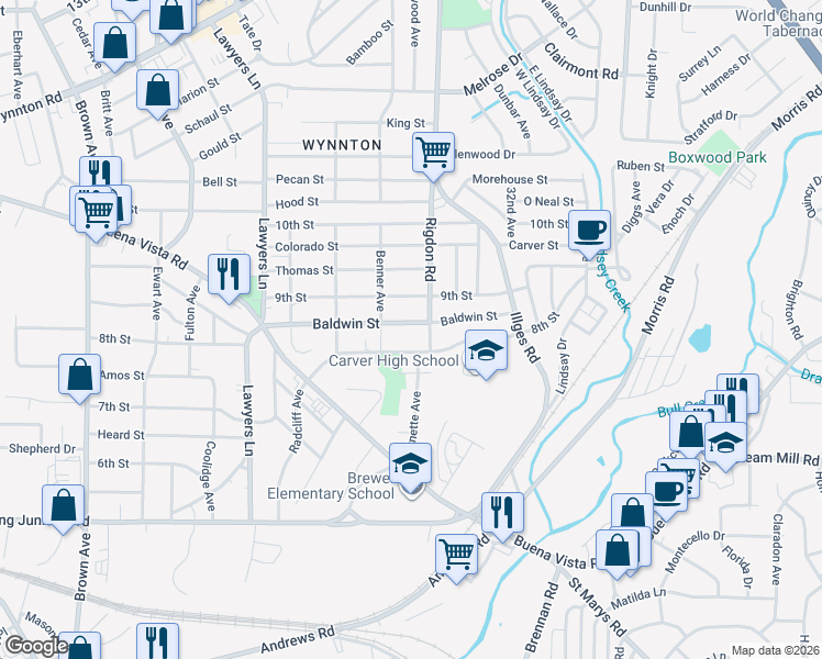 map of restaurants, bars, coffee shops, grocery stores, and more near 2928 Baldwin Street in Columbus
