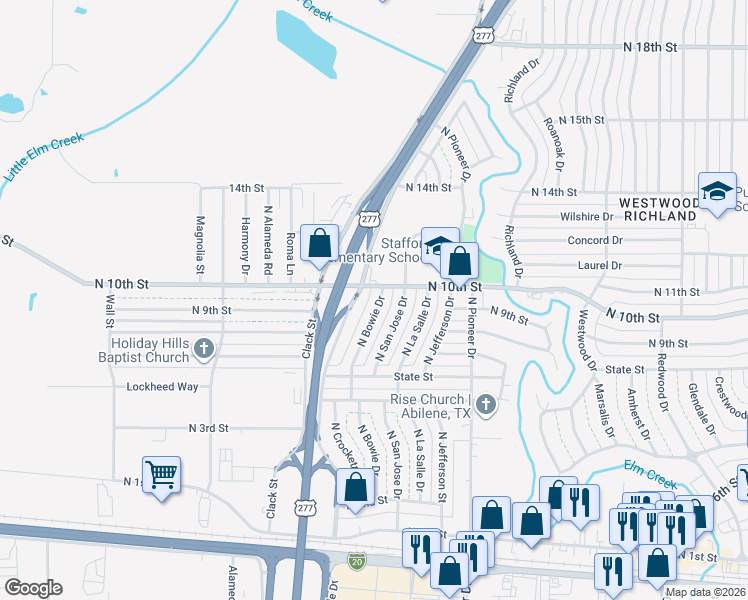 map of restaurants, bars, coffee shops, grocery stores, and more near 974 N Bowie Dr in Abilene