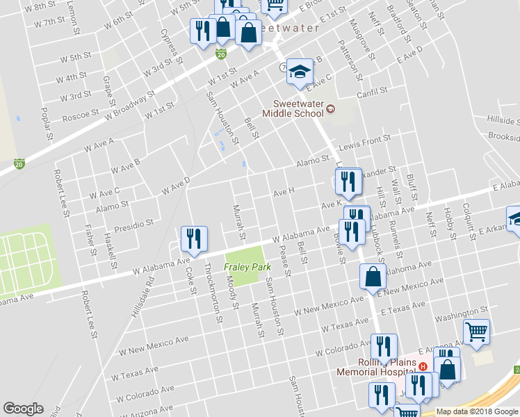 map of restaurants, bars, coffee shops, grocery stores, and more near 705 Sam Houston Street in Sweetwater