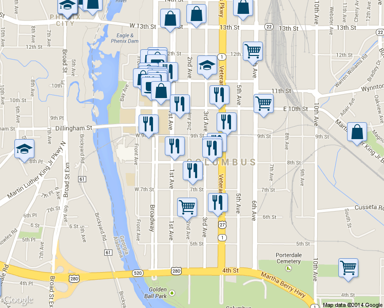 map of restaurants, bars, coffee shops, grocery stores, and more near 812 2nd Avenue in Columbus