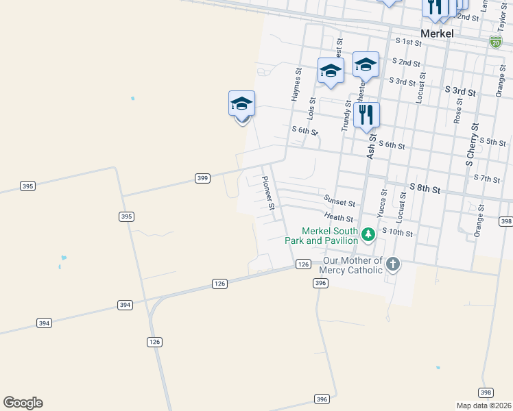 map of restaurants, bars, coffee shops, grocery stores, and more near 4 Carson Circle in Merkel