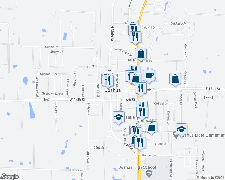 map of restaurants, bars, coffee shops, grocery stores, and more near 100 North Main Street in Joshua