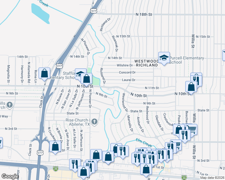 map of restaurants, bars, coffee shops, grocery stores, and more near 4051 North 10th Street in Abilene