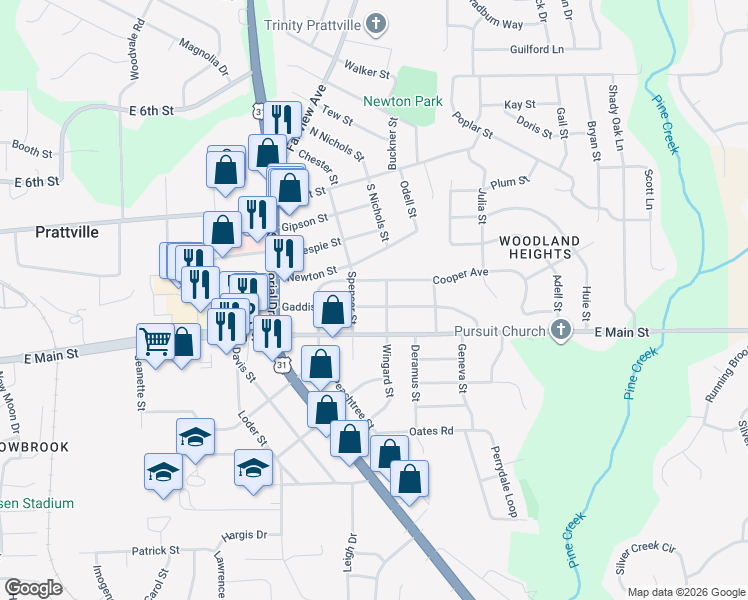 map of restaurants, bars, coffee shops, grocery stores, and more near 1025 Gaddis Avenue in Prattville