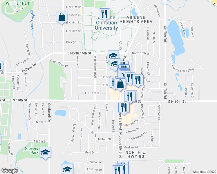 map of restaurants, bars, coffee shops, grocery stores, and more near 901 East North 12th Street in Abilene