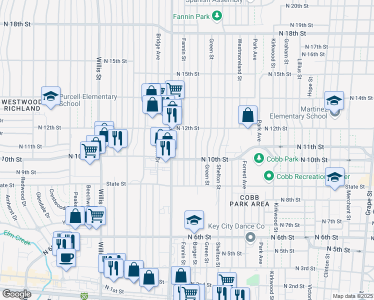 map of restaurants, bars, coffee shops, grocery stores, and more near 1025 Fannin Street in Abilene