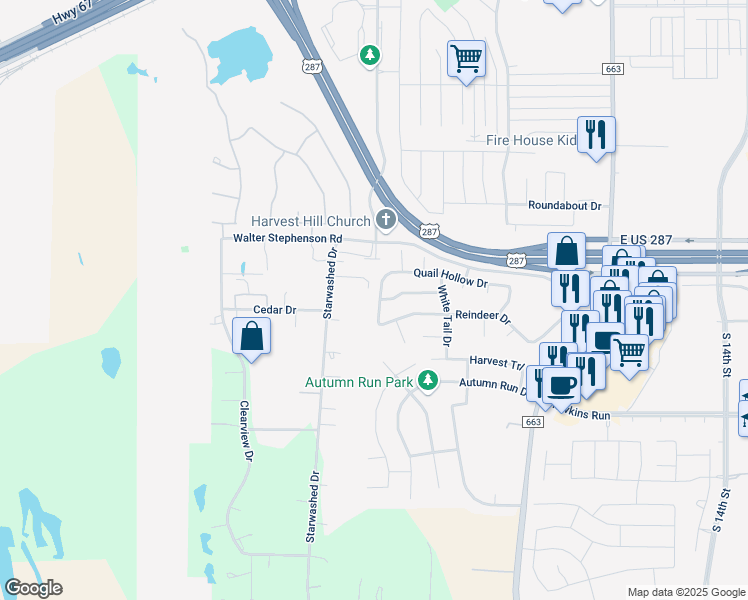map of restaurants, bars, coffee shops, grocery stores, and more near 2025 Wild Turkey Drive in Midlothian
