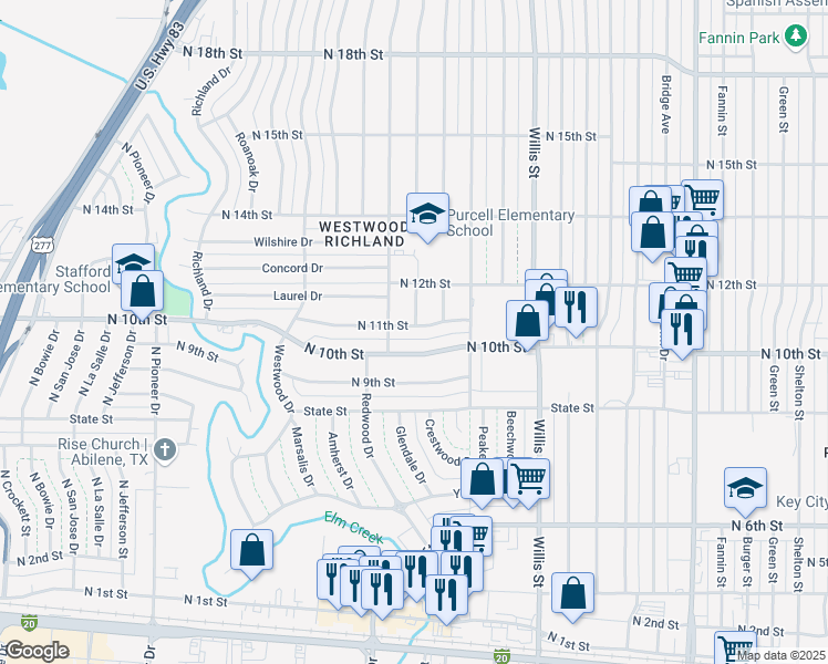 map of restaurants, bars, coffee shops, grocery stores, and more near 3625 North 11th Street in Abilene