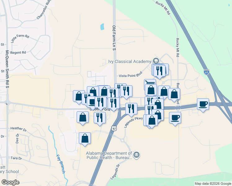 map of restaurants, bars, coffee shops, grocery stores, and more near 314-396 Old Farm Lane South in Prattville