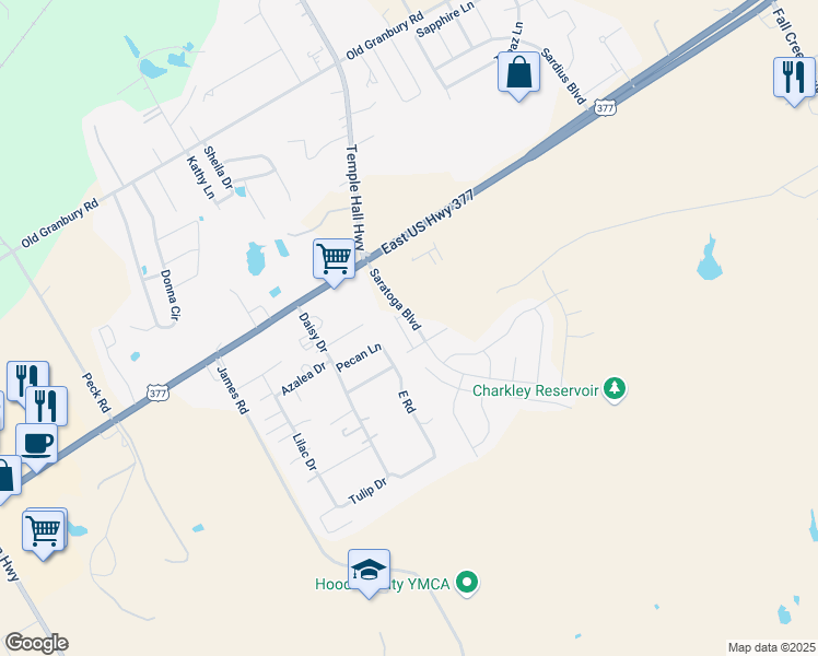 map of restaurants, bars, coffee shops, grocery stores, and more near 201 East Road in Granbury