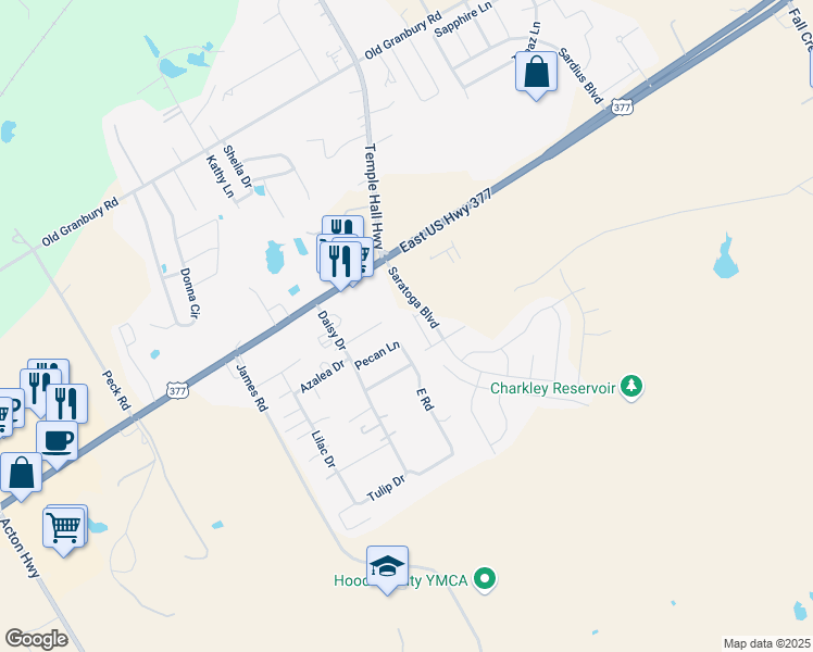 map of restaurants, bars, coffee shops, grocery stores, and more near 201 East Road in Granbury