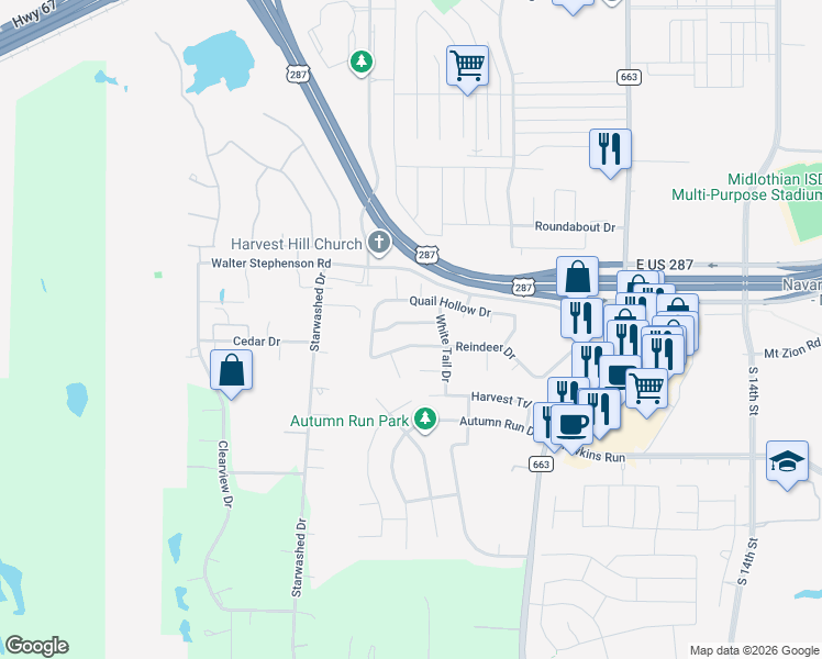map of restaurants, bars, coffee shops, grocery stores, and more near 718 Elk Horn Drive in Midlothian