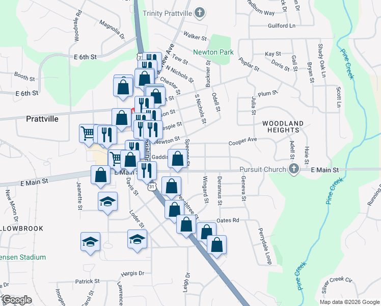 map of restaurants, bars, coffee shops, grocery stores, and more near 1025 Gaddis Avenue in Prattville