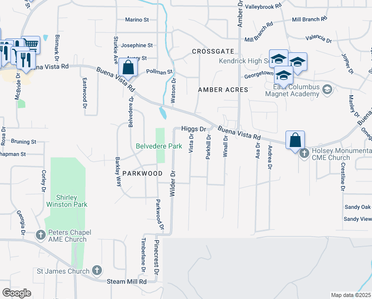 map of restaurants, bars, coffee shops, grocery stores, and more near 807 Vista Drive in Columbus