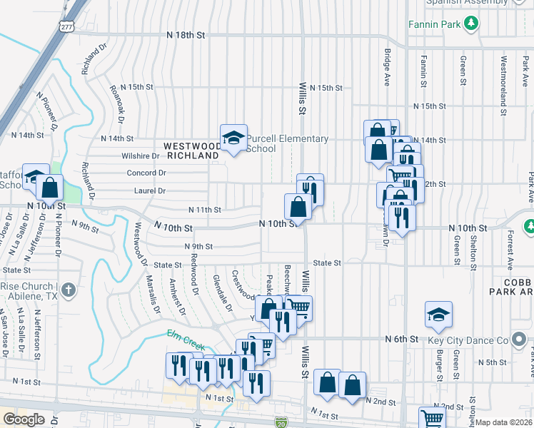 map of restaurants, bars, coffee shops, grocery stores, and more near 1001 Minter Lane in Abilene