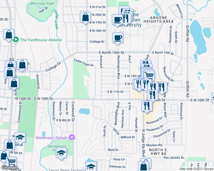 map of restaurants, bars, coffee shops, grocery stores, and more near 733 East North 12th Street in Abilene