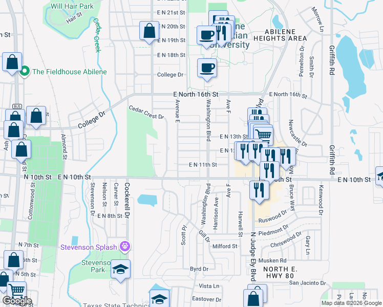 map of restaurants, bars, coffee shops, grocery stores, and more near 749 East North 12th Street in Abilene