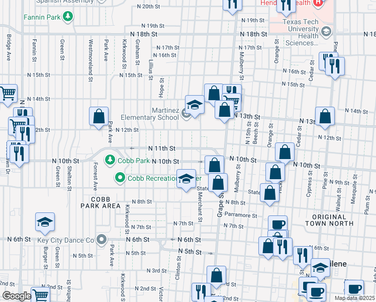 map of restaurants, bars, coffee shops, grocery stores, and more near 1037 Clinton Street in Abilene