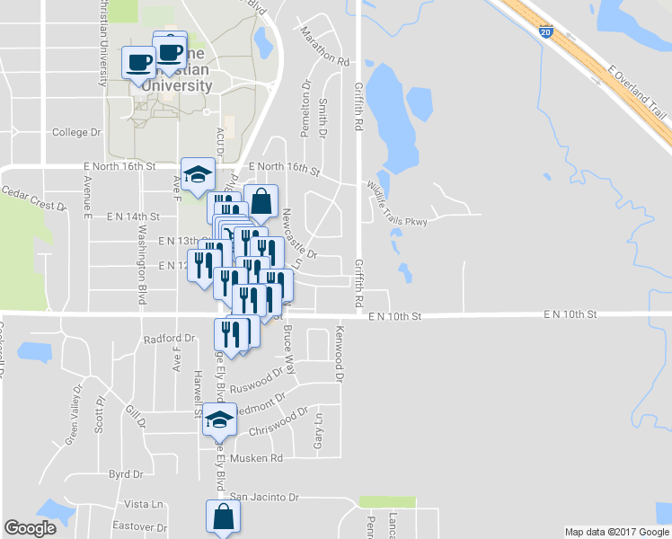 map of restaurants, bars, coffee shops, grocery stores, and more near 1101 Westheimer Road in Abilene