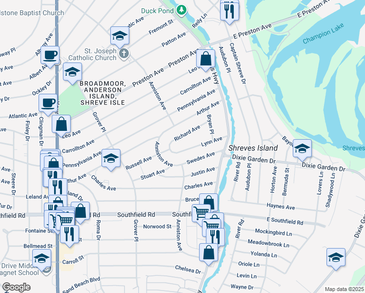 map of restaurants, bars, coffee shops, grocery stores, and more near 174 Lynn Ave in Shreveport