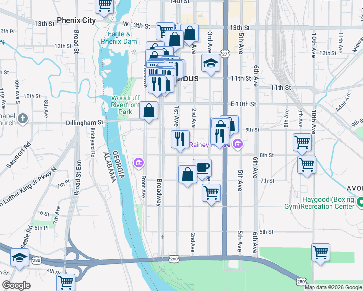 map of restaurants, bars, coffee shops, grocery stores, and more near 816 1st Avenue in Columbus