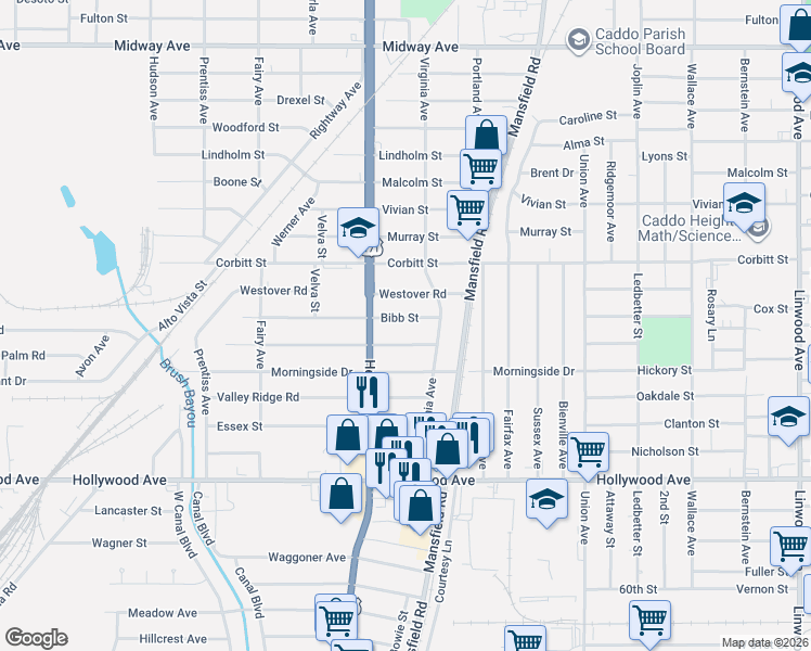 map of restaurants, bars, coffee shops, grocery stores, and more near 2633 Bibb St in Shreveport
