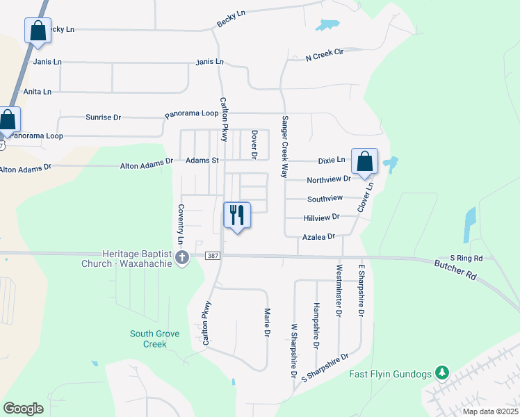 map of restaurants, bars, coffee shops, grocery stores, and more near 121 Chesterfield Circle in Waxahachie