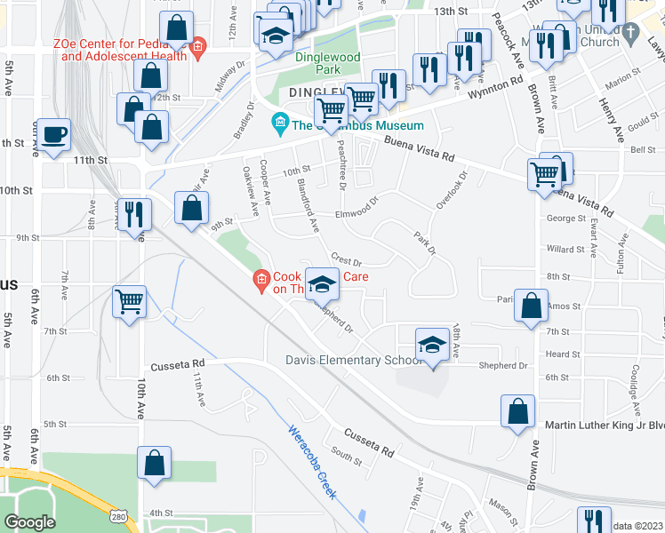 map of restaurants, bars, coffee shops, grocery stores, and more near 811 Blandford Avenue in Columbus