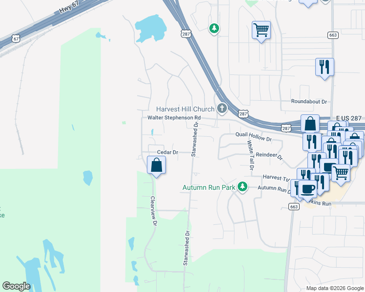 map of restaurants, bars, coffee shops, grocery stores, and more near 1121 Cedar Drive in Midlothian