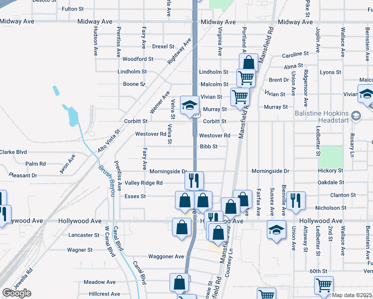 map of restaurants, bars, coffee shops, grocery stores, and more near 2715 Bibb Street in Shreveport