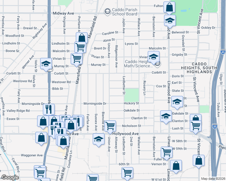 map of restaurants, bars, coffee shops, grocery stores, and more near 1947 Earl Street in Shreveport
