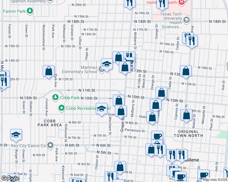 map of restaurants, bars, coffee shops, grocery stores, and more near 1041 Merchant Street in Abilene
